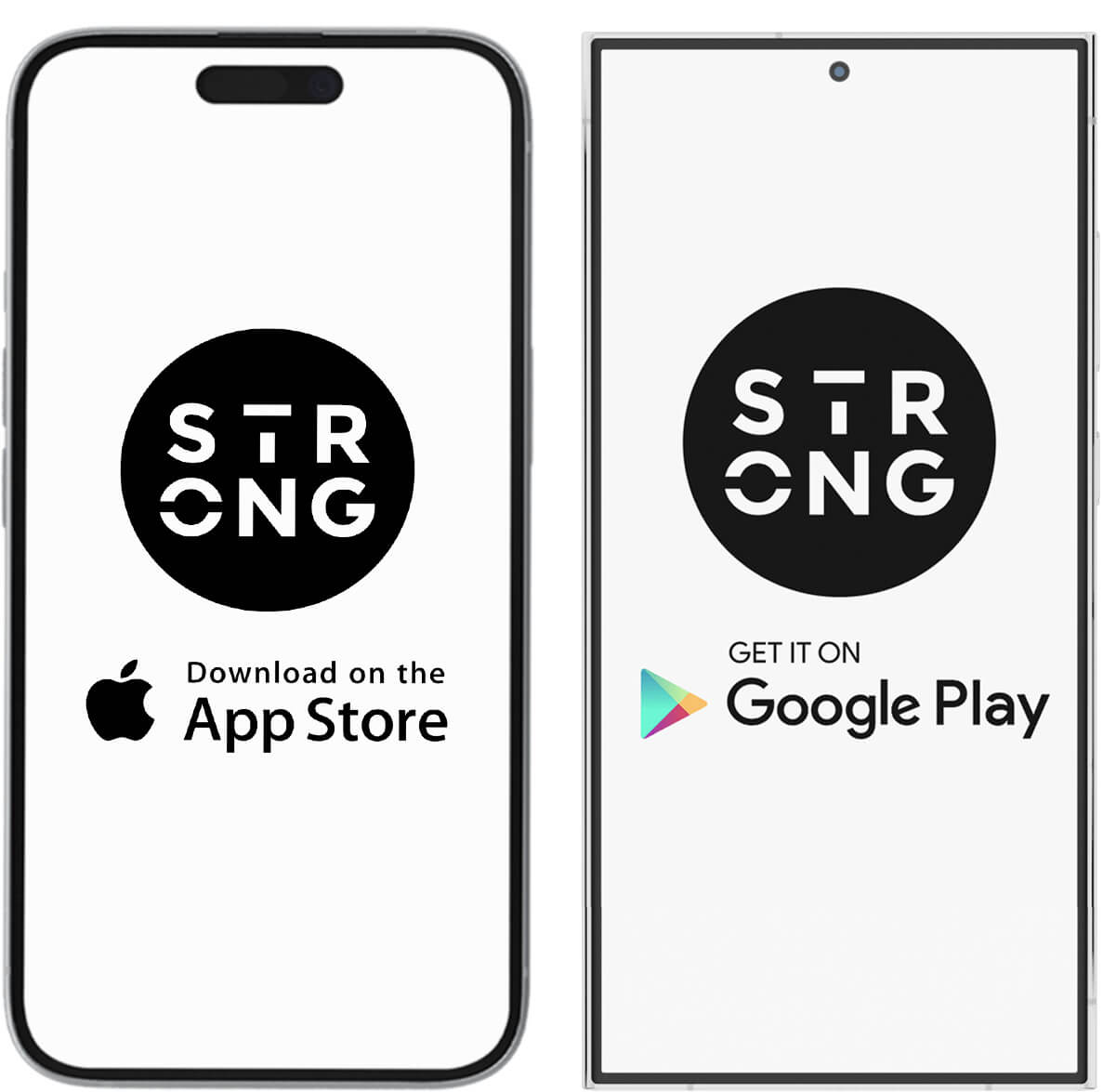 Aplikacja STRONG na iPhonie i Androidzie z przyciskami App Store i Google Play